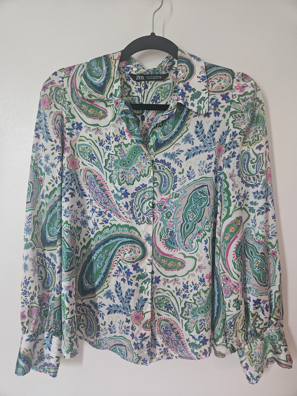 Zara Multicolor Paisley Button-Down Shirt — White Base with Green & Pink Accents